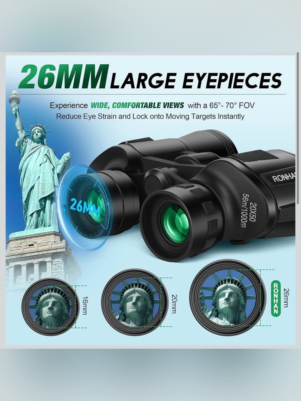20x50 Black Binoculars with 26mm Eyepieces